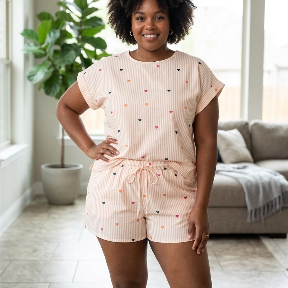 Women's Gold Stripe Heart-Print Short Set